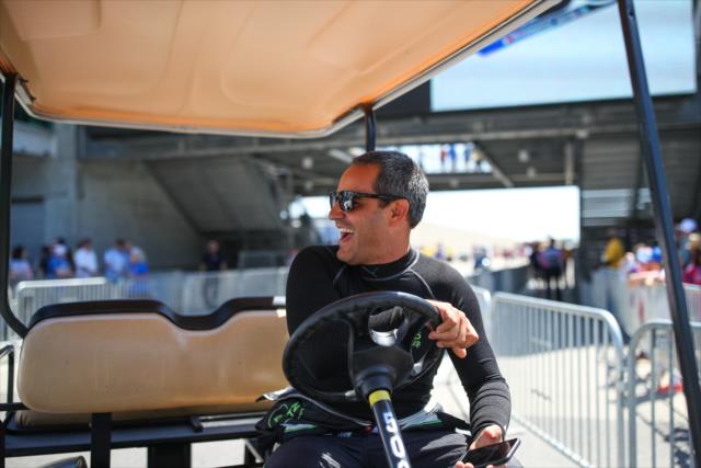 Juan Pablo Montoya rolls out onto pit lane prior to practice for the 101st Indianapolis 500 -- Photo by: David Yowe