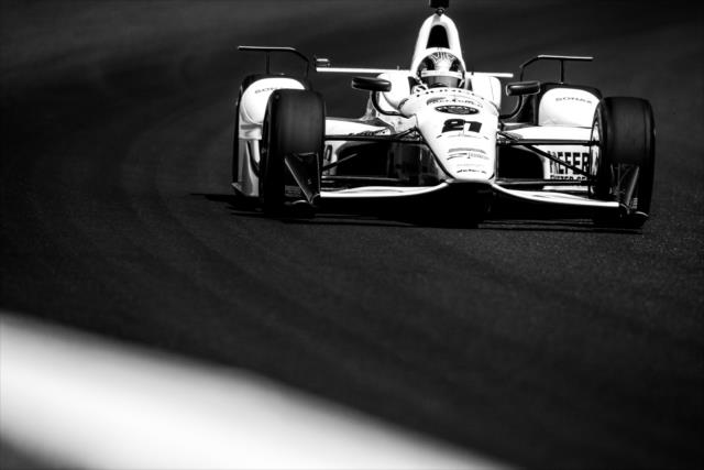 JR Hildebrand sets sail through Turn 3 during practice for the 101st Indianapolis 500 -- Photo by: David Yowe