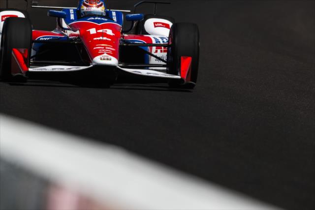 Carlos Munoz sets sail through Turn 3 during practice for the 101st Indianapolis 500 -- Photo by: David Yowe