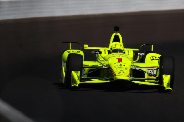 Simon Pagenaud makes his exit of Turn 3 during practice for the 101st Indianapolis 500 -- Photo by: David Yowe
