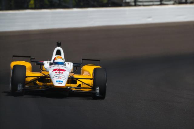 Oriol Servia makes his exit of Turn 3 during practice for the 101st Indianapolis 500 -- Photo by: David Yowe