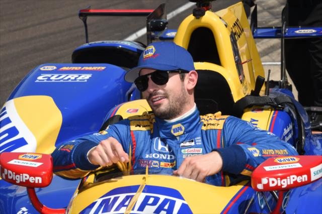 Alexander Rossi rides along in his No. 98 NAPA Auto Parts Honda through pit lane prior to practice for the 101st Indianapolis 500 -- Photo by: Jim Haines