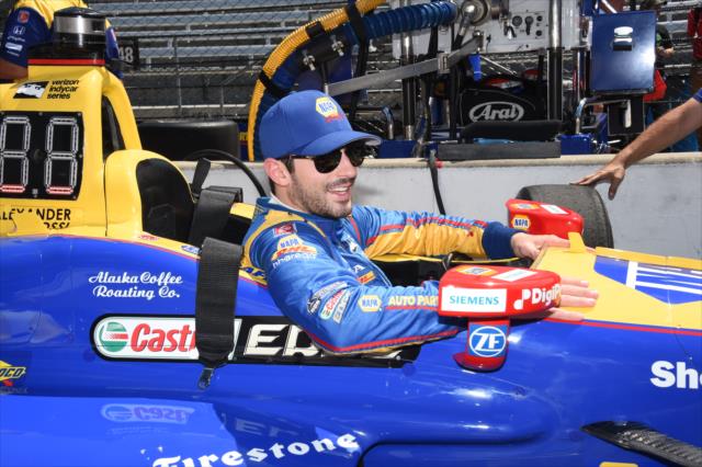 Alexander Rossi slides into his No. 98 NAPA Auto Parts Honda on pit lane prior to practice for the 101st Indianapolis 500 -- Photo by: Jim Haines