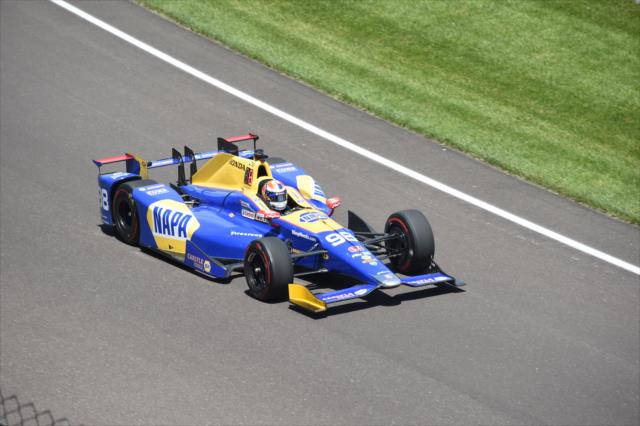 Alexander Rossi rolls through Turn 1 during practice for the 101st Indianapolis 500 -- Photo by: Jim Haines