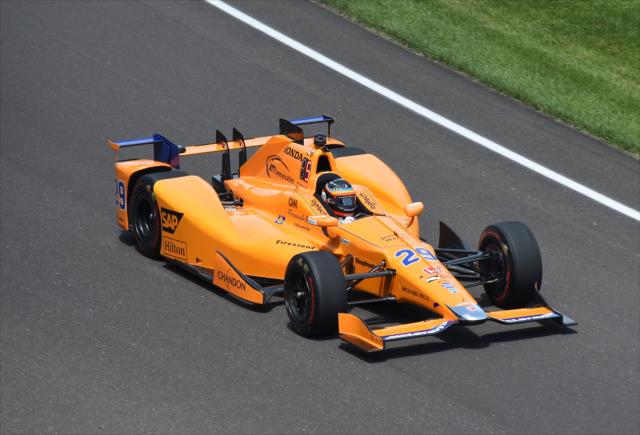 Fernando Alonso rolls into Turn 1 during practice for the 101st Indianapolis 500 -- Photo by: Jim Haines