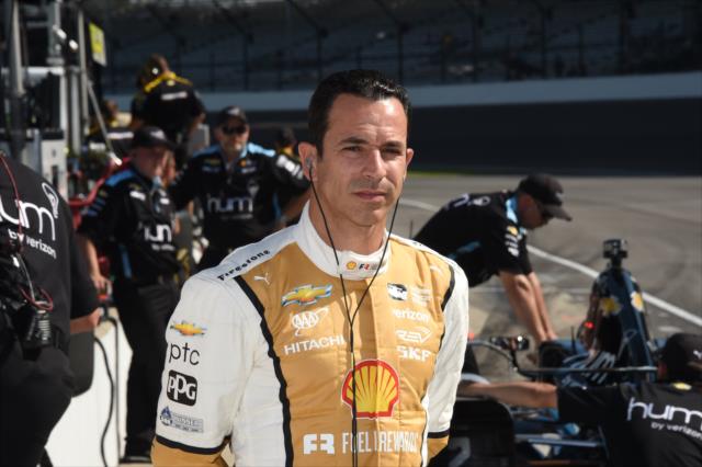Helio Castroneves looks down pit lane prior to practice for the 101st Indianapolis 500 -- Photo by: Jim Haines
