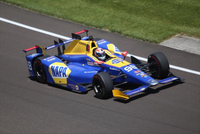 Alexander Rossi rolls through the apex of Turn 1 during practice for the 101st Indianapolis 500 -- Photo by: Matt Fraver