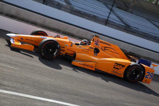 Fernando Alonso rolls down pit land during practice for the 101st Indianapolis 500 -- Photo by: Matt Fraver
