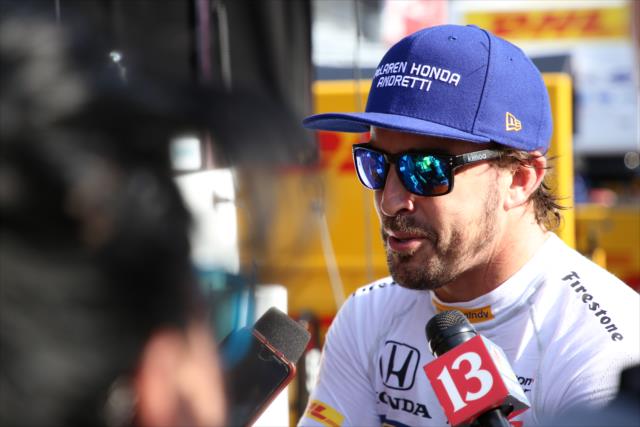 Fernando Alonso is interviewed on pit lane following practice for the 101st Indianapolis 500 -- Photo by: Matt Fraver