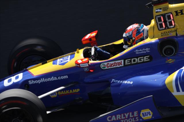 Alexander Rossi flies down the frontstretch during practice for the 101st Indianapolis 500 -- Photo by: Matt Fraver