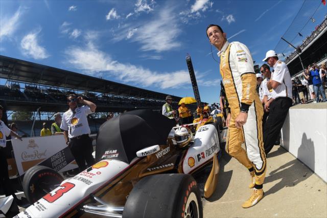 Helio Castroneves prepares for his  qualifying run at the Indianapolis Motor Speedway. -- Photo by: Chris Owens