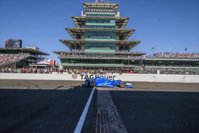 Tony Kanaan crosses the Yard of Bricks on Pole Day at the Indianapolis Motor Speedway. -- Photo by: Forrest Mellott