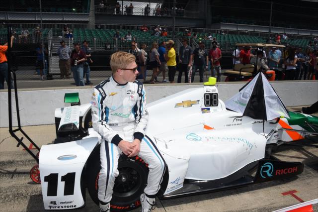 Spencer Pigot prepares for his qualifying run on pole day at the Indianapolis Motor Speedway. -- Photo by: Jim Haines