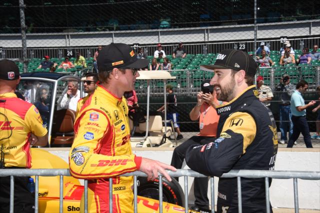 Ryan Hunter-Reay and James Hinchcliffe talk before qualifications for the Indianapolis 500. -- Photo by: Jim Haines