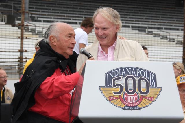 Motorsports legends Andy Granatelli (L) and Dan Gurney (R) during the public drivers meeting for the 2011 Indianapolis 500