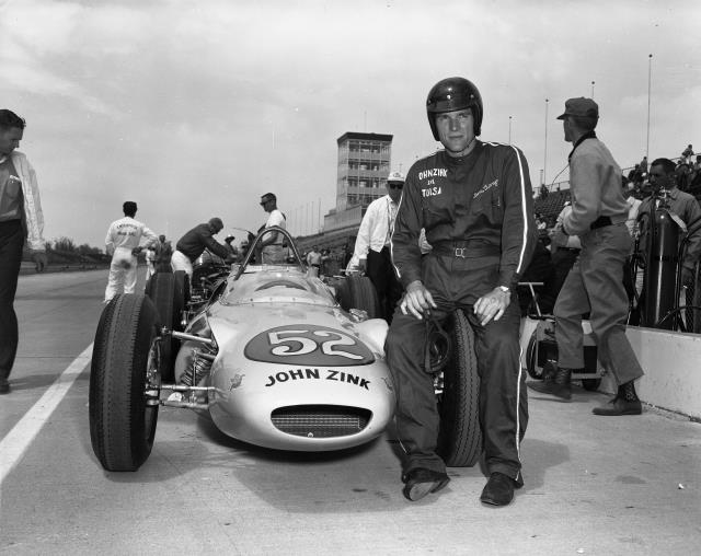 Dan Gurney with the No. 52 John Zink Trackburner prior to his rookie orientation test in 1962.