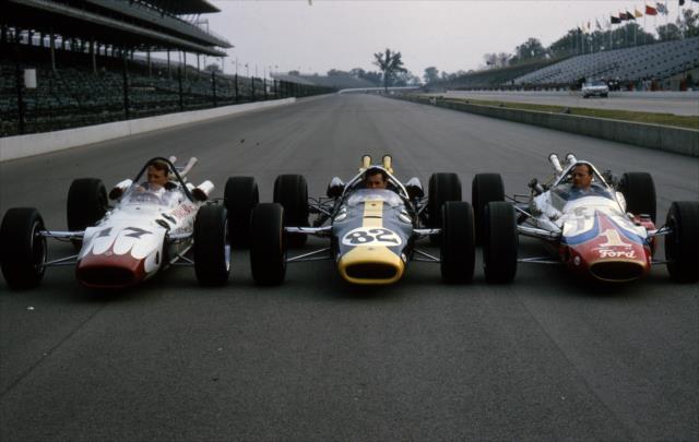 The front row for the 1965 Indianapolis 500: A.J. Foyt (R) on pole, Jim Clark (C) in the middle, and Dan Gurney (R) on the outside