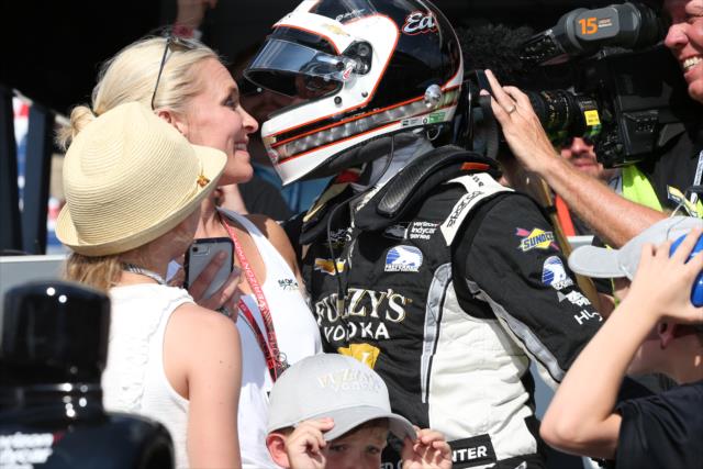 Ed Carpenter with his wife, Heather, after winning the pole position for the 102nd Indianapolis 500 at the Indianapolis Motor Speedway -- Photo by: Chris Jones