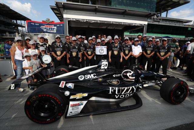 Ed Carpenter and the Ed Carpenter Racing team celebrate winning the pole position for the 102nd Indianapolis 500 at the Indianapolis Motor Speedway -- Photo by: Chris Jones