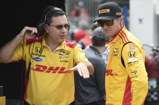 Ryan Hunter-Reay chats with his chief engineer Ray Gosselin on pit lane prior to practice for the 102nd Indianapolis 500 at the Indianapolis Motor Speedway -- Photo by: Chris Owens