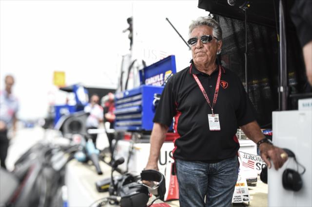 Motorsports legend Mario Andretti watches from pit lane during qualifications for the 102nd Indianapolis 500 at the Indianapolis Motor Speedway -- Photo by: Chris Owens