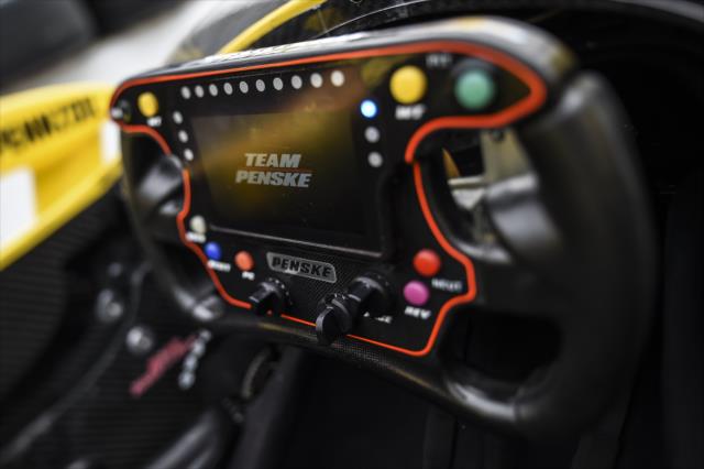 The steering wheel of Helio Castroneves ready to do battle prior to practice for the 102nd Indianapolis 500 at the Indianapolis Motor Speedway -- Photo by: Chris Owens