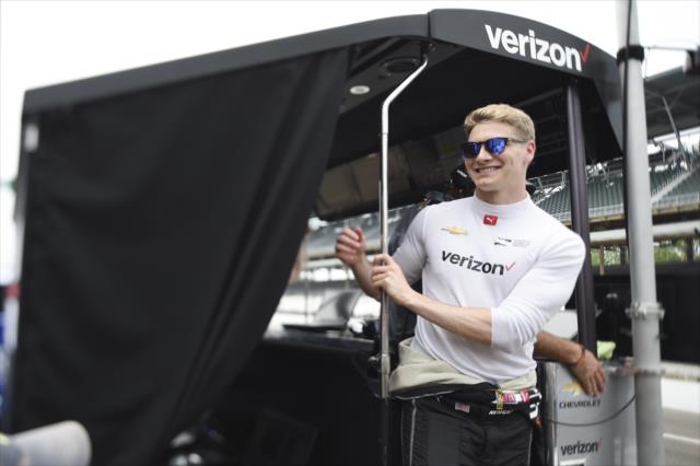 Josef Newgarden with a light moment on pit lane prior to practice for the 102nd Indianapolis 500 at the Indianapolis Motor Speedway -- Photo by: Chris Owens