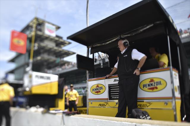 Team owner Roger Penske watches from his pit stand during qualifications for the 102nd Indianapolis 500 at the Indianapolis Motor Speedway -- Photo by: Chris Owens
