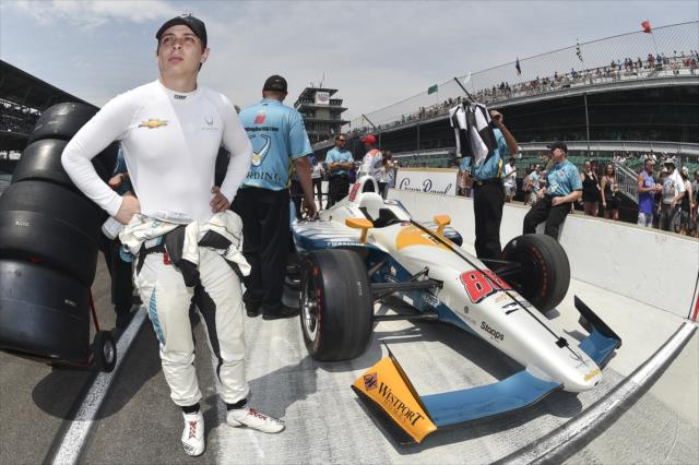 Gabby Chaves waits with his No. 88 Harding Group Chevrolet on pit lane prior to his qualification attempt for the 102nd Indianapolis 500 at the Indianapolis Motor Speedway -- Photo by: Chris Owens