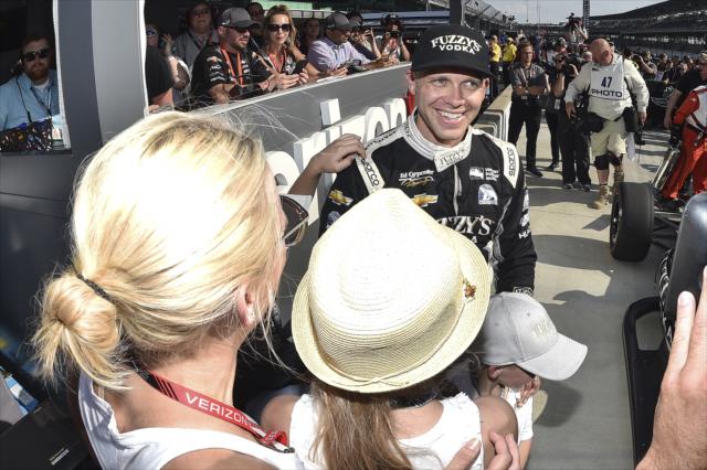 Ed Carpenter is all smiles on pit lane after winning the pole position for the 102nd Indianapolis 500 at the Indianapolis Motor Speedway -- Photo by: Chris Owens