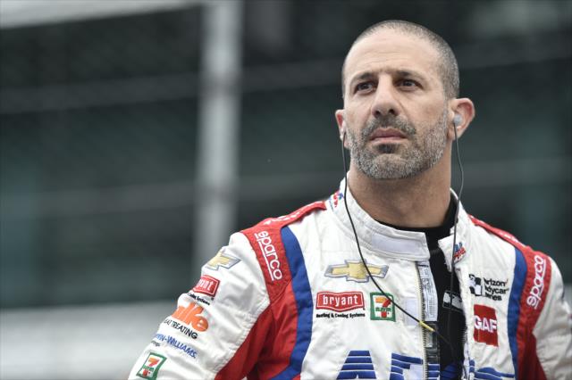 Tony Kanaan looks down pit lane prior to practice for the 102nd Indianapolis 500 at the Indianapolis Motor Speedway -- Photo by: Chris Owens