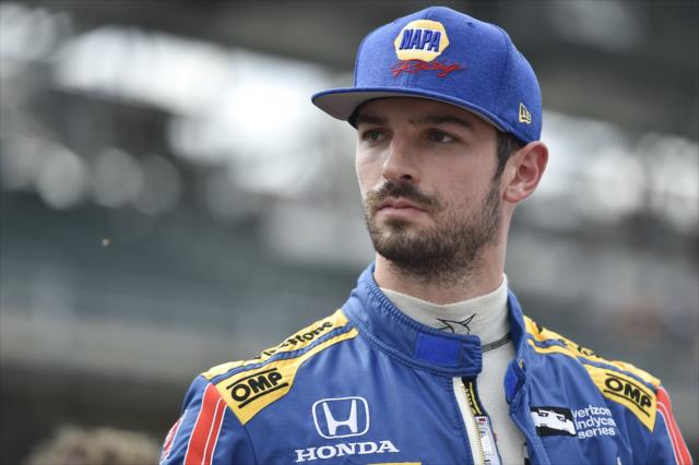 Alexander Rossi looks down pit lane prior to his qualification attempt for the 102nd Indianapolis 500 at the Indianapolis Motor Speedway -- Photo by: Chris Owens