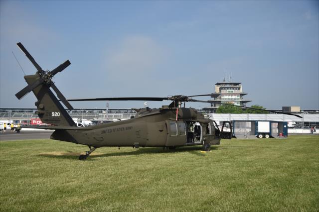 A UH-60 Black Hawk helicopter sits in the Indianapolis Motor Speedway infield on the Crown Royal Armed Forces qualifying weekend. -- Photo by: Dana Garrett