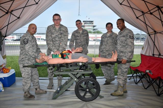 Soldiers and airmen demonstrate a medical triage in the infield of the Indianapolis Motor Speedway -- Photo by: Dana Garrett