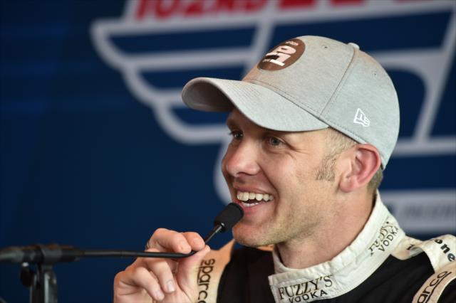 Ed Carpenter smiles during his post-qualifying press conference after winning the pole position for the 102nd Indianapolis 500 at the Indianapolis Motor Speedway -- Photo by: Dana Garrett