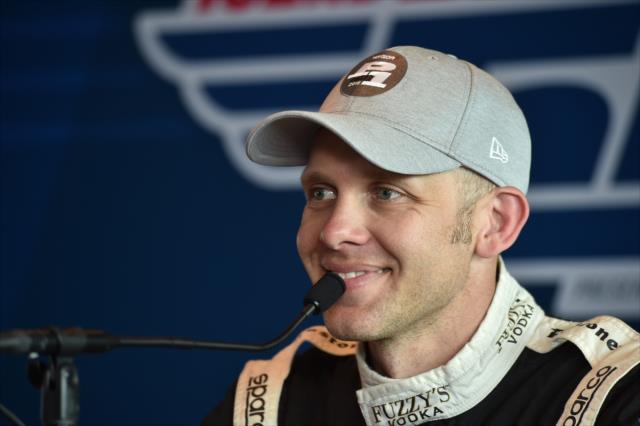 Ed Carpenter all smiles during his press conference after winning the pole position for the 102nd Indianapolis 500 at the Indianapolis Motor Speedway -- Photo by: Dana Garrett