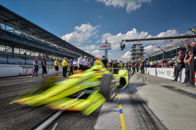 Simon Pagenaud screams out of pit lane to start his qualification attempt for the 102nd Indianapolis 500 at the Indianapolis Motor Speedway -- Photo by: Doug Mathews