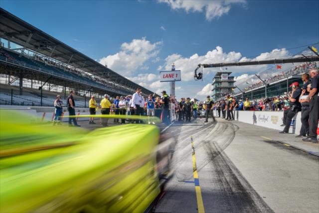Simon Pagenaud screams out of pit lane to start his qualification attempt for the 102nd Indianapolis 500 at the Indianapolis Motor Speedway -- Photo by: Doug Mathews