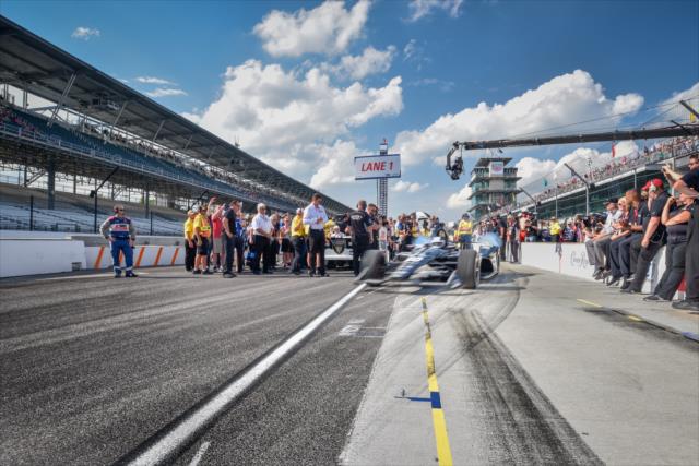 Ed Carpenter zips out of pit lane to start his qualification attempt for the 102nd Indianapolis 500 at the Indianapolis Motor Speedway -- Photo by: Doug Mathews