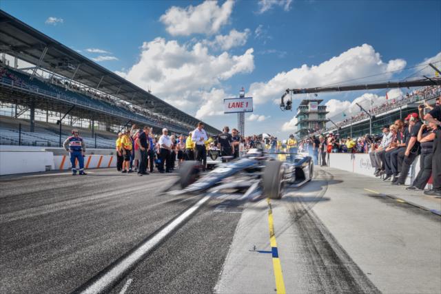 Ed Carpenter peels out of pit lane to start his qualification attempt for the 102nd Indianapolis 500 at the Indianapolis Motor Speedway -- Photo by: Doug Mathews