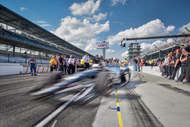Ed Carpenter screams out of pit lane to start his qualification attempt for the 102nd Indianapolis 500 at the Indianapolis Motor Speedway -- Photo by: Doug Mathews