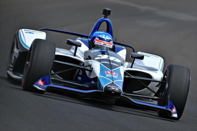 Takuma Sato sails through Turn 2 during qualifications for the 102nd Indianapolis 500 at the Indianapolis Motor Speedway -- Photo by: John Cote