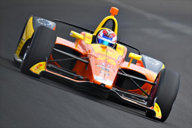 Zach Veach sails through Turn 1 during qualifications for the 102nd Indianapolis 500 at the Indianapolis Motor Speedway -- Photo by: John Cote