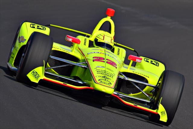Simon Pagenaud sails through Turn 1 during qualifications for the 102nd Indianapolis 500 at the Indianapolis Motor Speedway -- Photo by: John Cote