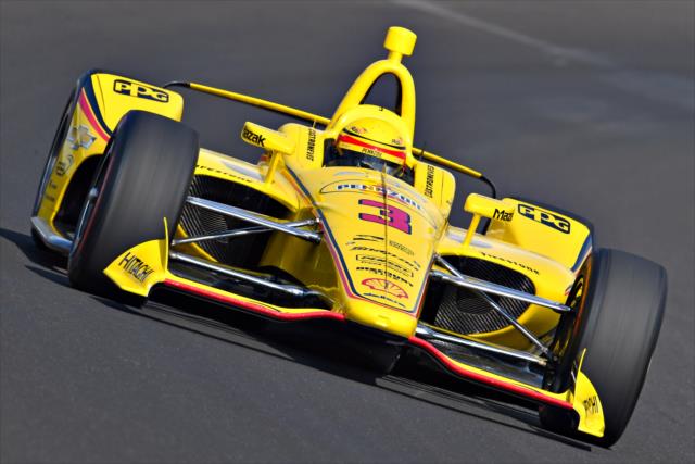 Helio Castroneves sails through Turn 1 during practice for the 102nd Indianapolis 500 at the Indianapolis Motor Speedway -- Photo by: John Cote