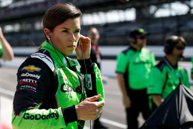 Danica Patrick sets her earpieces along pit lane prior to her qualification attempt for the 102nd Indianapolis 500 at the Indianapolis Motor Speedway -- Photo by: Joe Skibinski