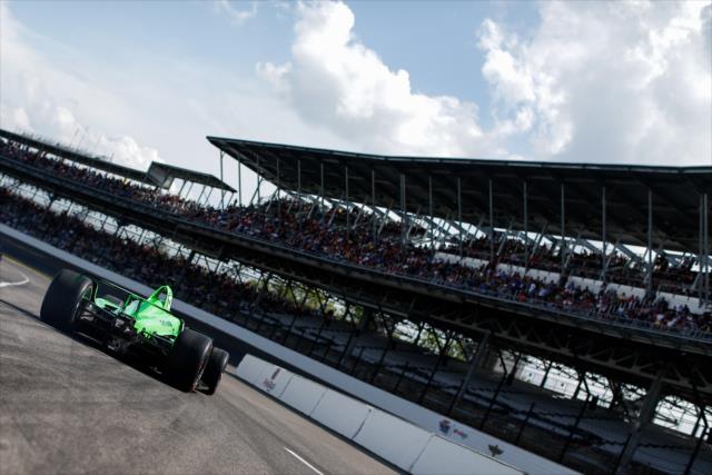 Danica Patrick peels out onto pit lane to start her qualification attempt for the 102nd Indianapolis 500 at the Indianapolis Motor Speedway -- Photo by: Joe Skibinski
