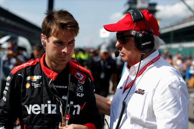 Will Power chats with team owner Roger Penske on pit lane prior to his qualification attempt for the 102nd Indianapolis 500 at the Indianapolis Motor Speedway -- Photo by: Joe Skibinski