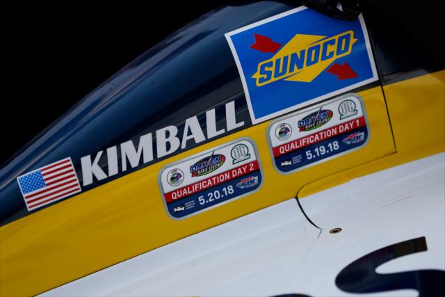 Qualification Tech badges on the No. 23 Fiasp Chevrolet of Charlie Kimball prior to his qualification attempt for the 102nd Indianapolis 500 at the Indianapolis Motor Speedway -- Photo by: Joe Skibinski