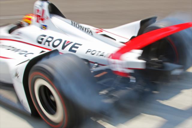 Oriol Servia peels out of pit lane to start his qualification attempt for the 102nd Indianapolis 500 at the Indianapolis Motor Speedway -- Photo by: Mike Harding